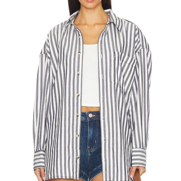 Free People Blue/Grey and White Striped Button Down Shirt - Picture 2 of 8